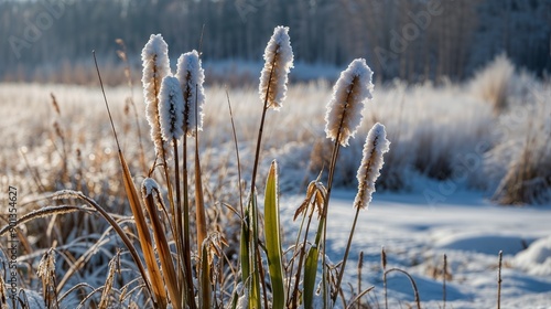 Obraz na płótnie Frosty Cattails by Winter Lake, Snowy Reeds, Cold Morning, Nature Scene, Frozen Landscape, Icy Serenity, Winter Photography, Peaceful Pond, Winter's Beauty w salonie