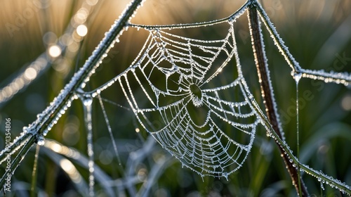 Frosty Spider Web in Morning Light, Dew Drops, Winter Nature, Frozen Web, Icy Morning, Frosted Spiderweb, Natural Beauty, Wintertime Photography, Macro Shot