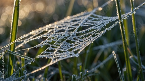 Obraz na płótnie Frosty Spider Web in Morning Light, Dew Drops, Winter Nature, Frozen Web, Icy Morning, Frosted Spiderweb, Natural Beauty, Wintertime Photography, Macro Shot w salonie
