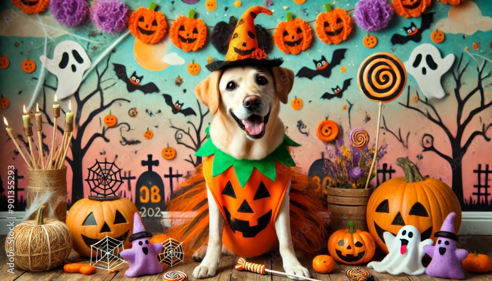 Dog in Pumpkin Costume with Halloween Decor. Dog in Pumpkin Costume with Halloween Decor.
