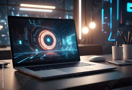laptop mockup on the table with futuristic background