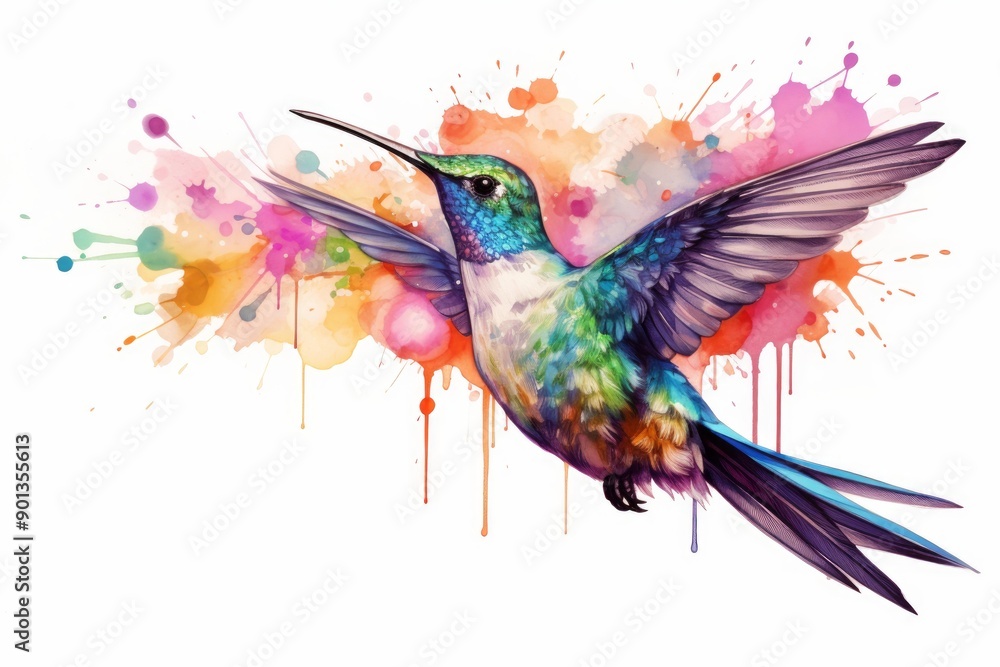 Fototapeta premium Vibrant watercolor painting of a hummingbird mid-flight with splashes of color