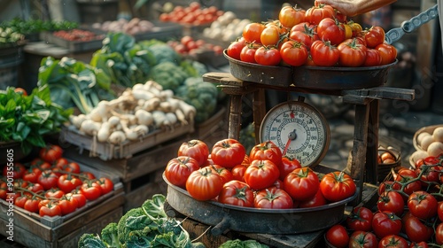 A woman weighing a bunch of ripe tomatoes on an old-fashioned scale at a farmers' market, surrounded by crates of assorted vegetables