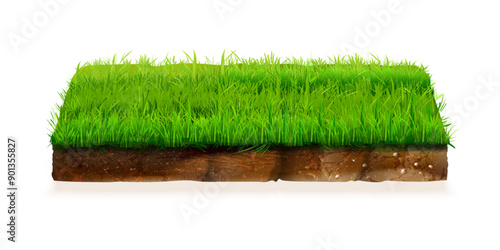 Realistic land piece. 3d soil square plot pieces, floating isolated ground slice lawn green grass, backyard field meadow piece eco environment advertising exact vector illustration