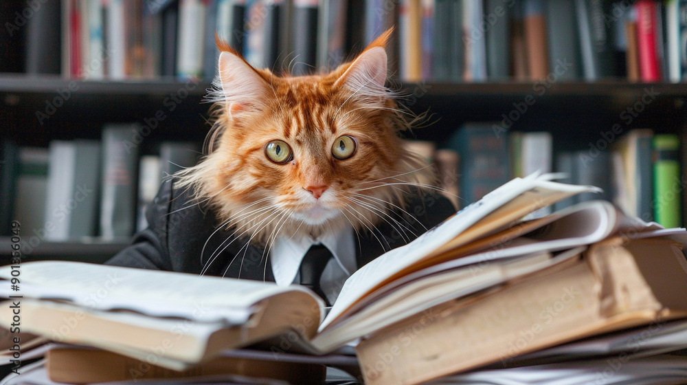 a cat in a suit managing piles of notes and books a cat in a suit managing piles of notes and books