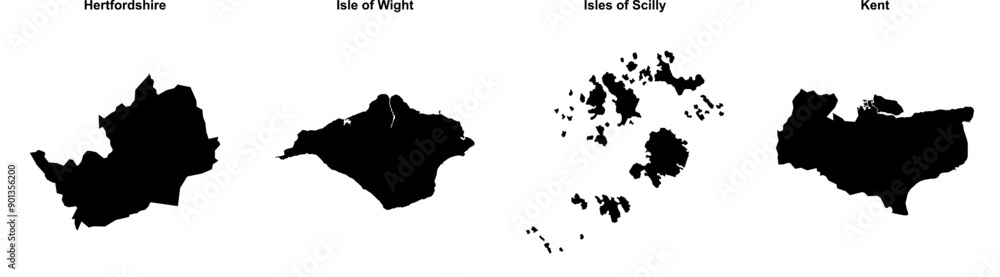 Hertfordshire, Isle of Wight, Isles of Scilly, Kent outline maps Hertfordshire, Isle of Wight, Isles of Scilly, Kent outline maps