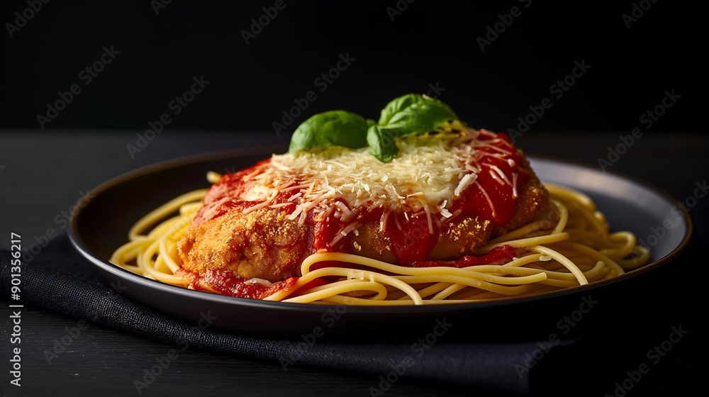 Fototapeta premium Photo of chicken parmesan on spaghetti, food photography