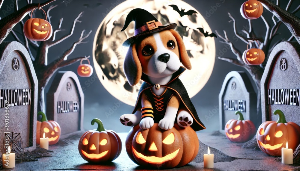 3D Cartoon Beagle in Halloween costume with witch hat sitting on a pumpkin. 3D Cartoon Beagle in Halloween costume with witch hat sitting on a pumpkin.