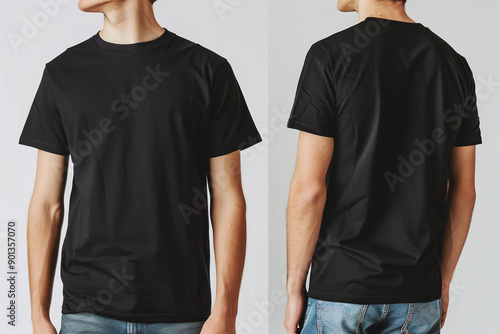 T-shirt mockup. Black blank t-shirt front and back views.