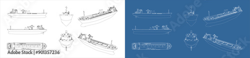 Set large cargo ship container outline vector. Blueprint wireframe line drawing for template with all side and isolated on transparent background