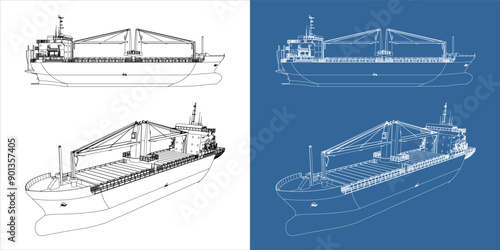 Set Container Cargo ship. Shipping Nautical Vessel International. transportation blueprint or wireframe outline. Vector illustration template with all sides isolated on a transparent background.