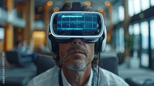 Man Engaged in Virtual Reality Experience While Seated in Modern Technology Lounge