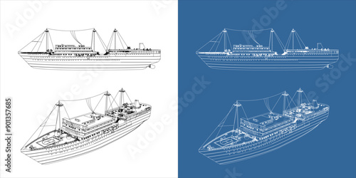 Set container ship or cargo shipping business. Logistic freight transportation blueprint or wireframe outline. Vector illustration template with all sides isolated on a transparent background.