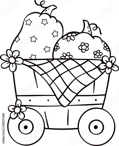 Groovy retro autumn pumpkin basket car hippie cartoon coloring outline doodle playful and vibrant fall season