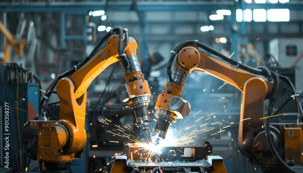 Industrial Robots Welding Metal in a Factory Setting Industrial Robots Welding Metal in a Factory Setting