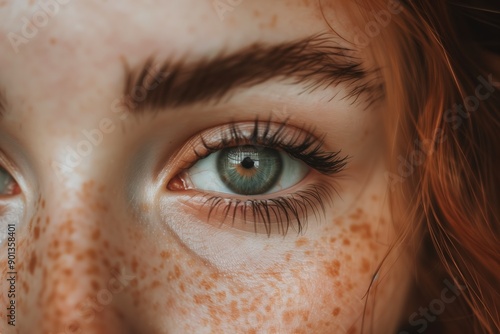 Intense close-up of a green eye surrounded by freckles, highlighting natural beauty and vibrant eye color.