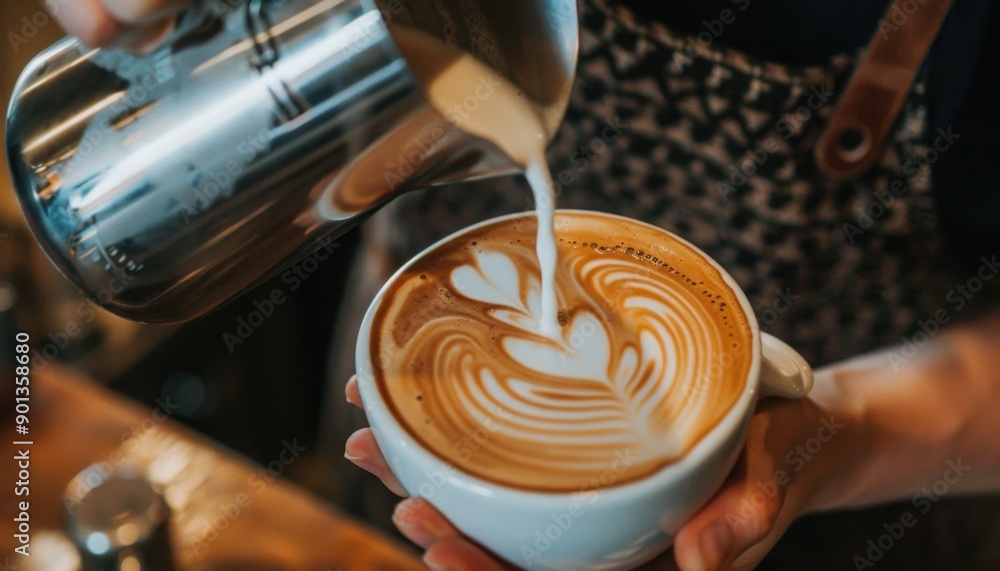 Barista Pouring Milk Into Latte With Heart Design Barista Pouring Milk Into Latte With Heart Design