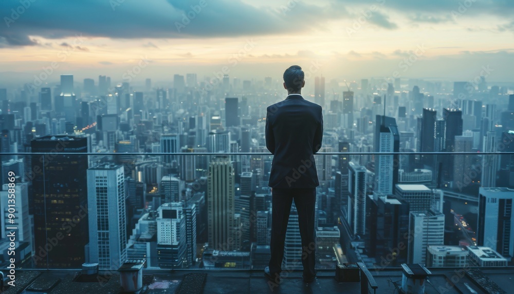 Businessman Standing on Rooftop Overlooking City Skyline at Dawn Businessman Standing on Rooftop Overlooking City Skyline at Dawn