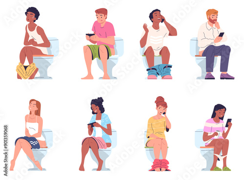 People on toilets with phones. Person read smartphone internet game, pooping peeing man woman in bathroom phone gadget addiction constipation diarrhea, classy vector illustration