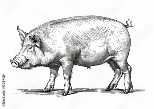 Pig, hog, boar. Vintage retro print, black white pig sketch ink pencil style drawing, linear drawing, engrave old school. Sketch artwork silhouette pig, hog, boar. Side view profile. Illustration