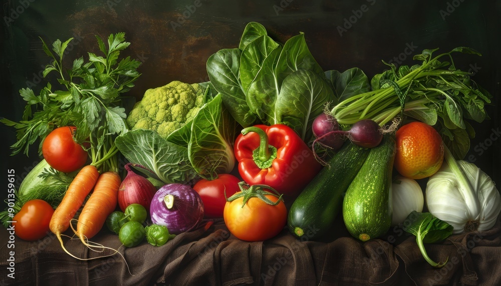 A Still Life Arrangement of Fresh Vegetables and Herbs on a Brown Cloth A Still Life Arrangement of Fresh Vegetables and Herbs on a Brown Cloth