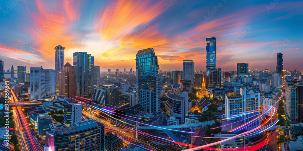 Obraz premium Aerial photography of digital City building skyline architectural landscape Nightscape metropolitan design concept.