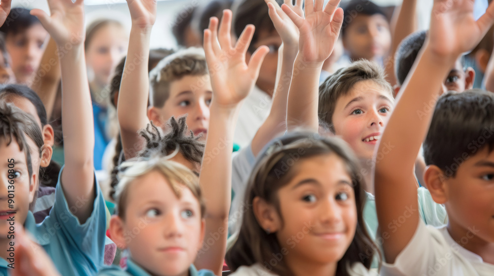 A group of students eagerly raises their hands to answer a question posed by their teacher, demonstrating their engagement and thirst for knowledge. A group of students eagerly raises their hands to answer a question posed by their teacher, demonstrating their engagement and thirst for knowledge.