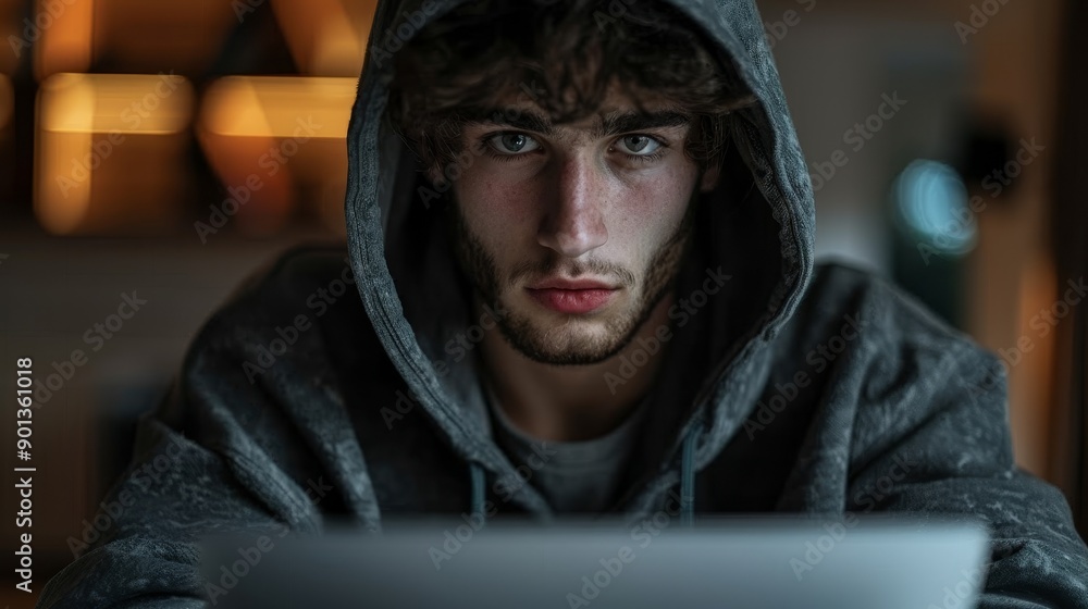 A handsome young man sits in front of a laptop and takes a highly detailed surrealist portrait, looking straight at the camera, showcasing modern technology, youthfulness, and focus. A handsome young man sits in front of a laptop and takes a highly detailed surrealist portrait, looking straight at the camera, showcasing modern technology, youthfulness, and focus.