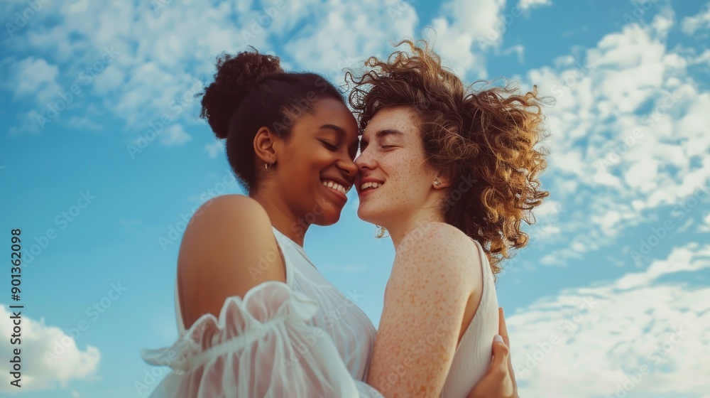 Two women are hugging each other in a field with a blue sky in the background Two women are hugging each other in a field with a blue sky in the background