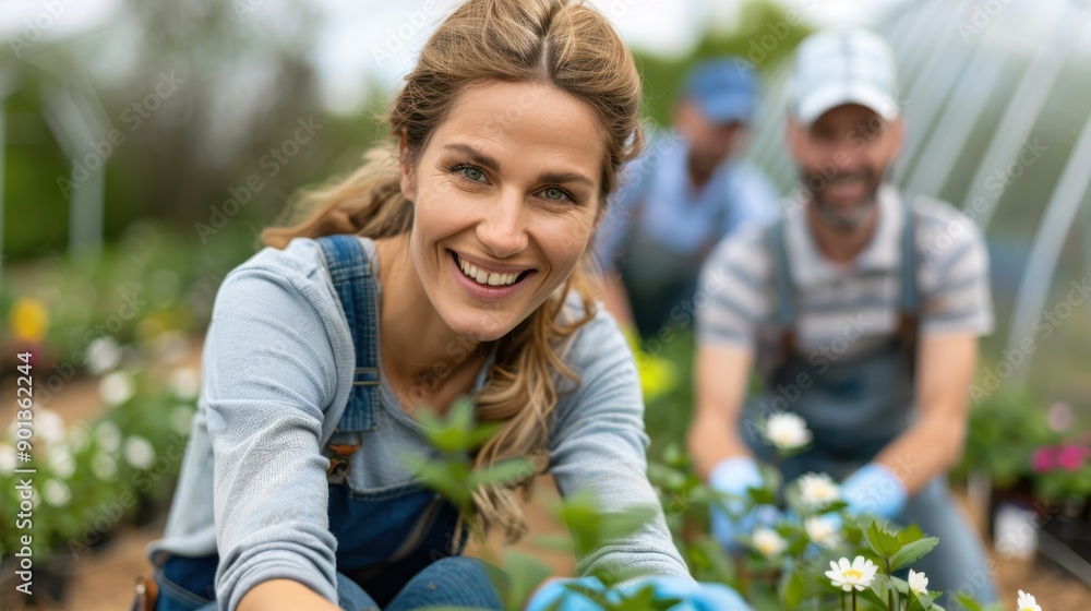 A smiling woman, dressed in casual gardening attire, is surrounded by a group of people tending to vibrant flowers in a well-lit greenhouse, enjoying a shared activity. A smiling woman, dressed in casual gardening attire, is surrounded by a group of people tending to vibrant flowers in a well-lit greenhouse, enjoying a shared activity.