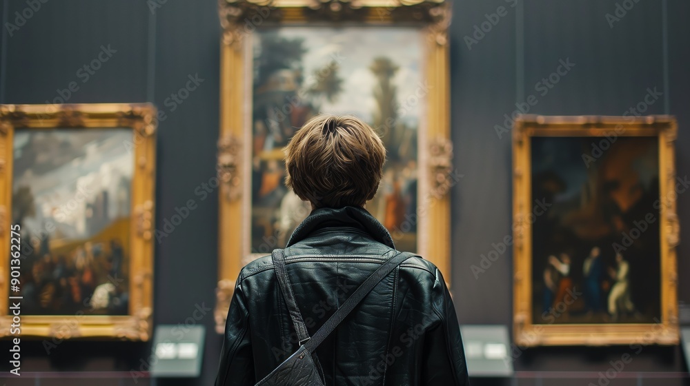 A person in a leather jacket looking at framed paintings in an art gallery or museum. A person in a leather jacket looking at framed paintings in an art gallery or museum.