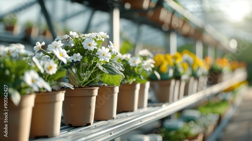 Wallpaper Mural Bright and cheerful potted flowers in bloom, neatly arranged on shelves inside a sunlit greenhouse, surrounded by vibrant green plants and nurturing rays of sunlight. Torontodigital.ca