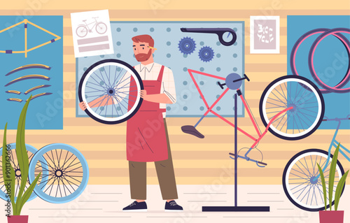 Bicycle repair shop. Bike fixing work service, cycle maintenance shop mechanic worker fix wheel tire serviceman with wrench bicycles repairing tools, classy vector illustration
