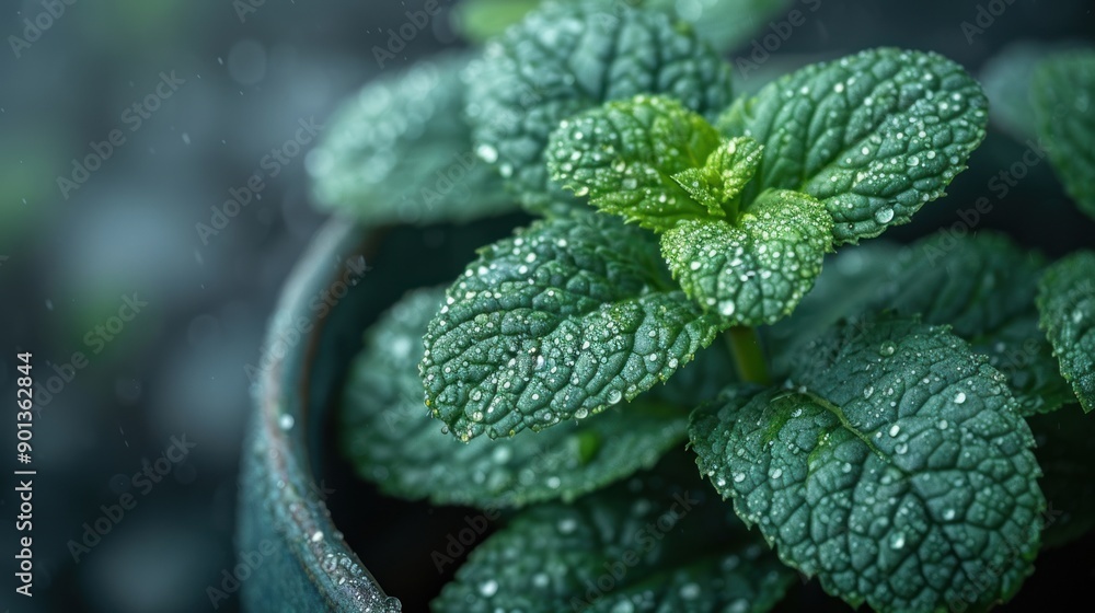 Close-up of Fresh Dewy Mint Leaves Close-up of Fresh Dewy Mint Leaves