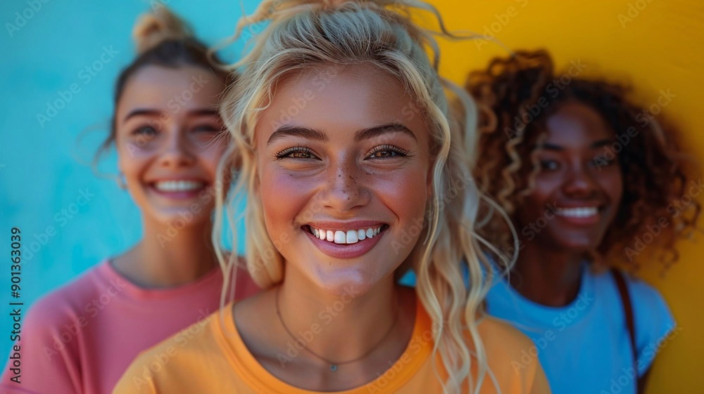 Fototapeta premium Group of smiling individuals having fun on simple bright background World Smile Day