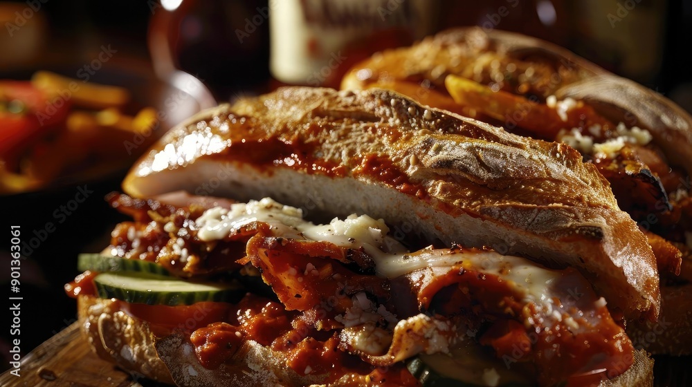 Delicious sandwich filled with savory meat, melted cheese, and fresh toppings, perfect for satisfying hunger cravings. Delicious sandwich filled with savory meat, melted cheese, and fresh toppings, perfect for satisfying hunger cravings.