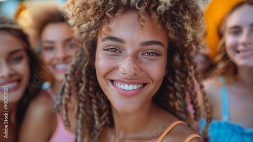 Diverse group of happy people on bright background World Smile Day