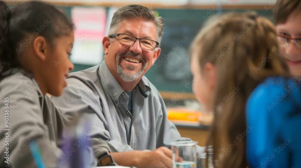 A male teacher, his passion for his subject matter contagious, sparks a love of learning in his students, inspiring them to pursue their passions A male teacher, his passion for his subject matter contagious, sparks a love of learning in his students, inspiring them to pursue their passions