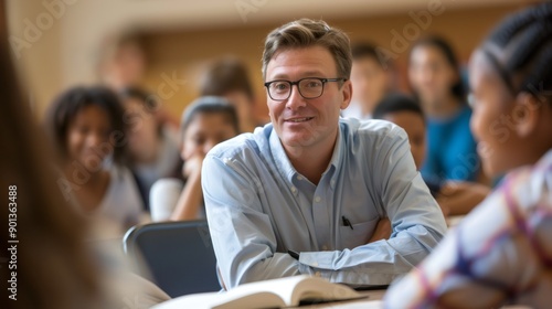 A male teacher, his passion for his subject matter contagious, sparks a love of learning in his students, inspiring them to pursue their passions