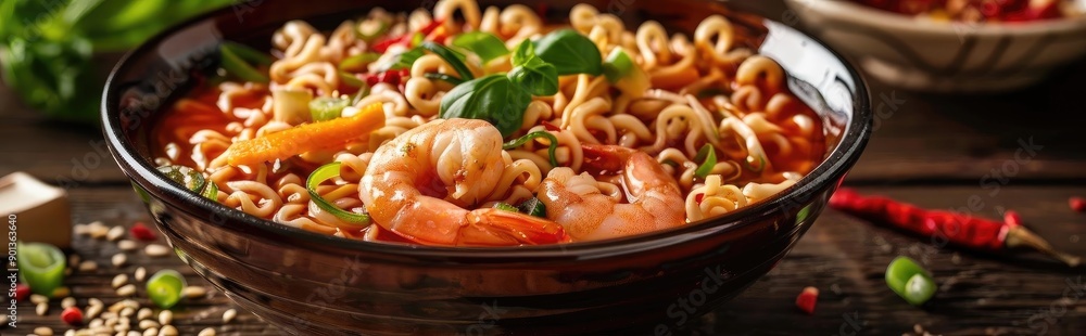 Delicious bowl of spicy shrimp noodles garnished with fresh herbs, perfect for a flavorful meal. A feast for the senses. Delicious bowl of spicy shrimp noodles garnished with fresh herbs, perfect for a flavorful meal. A feast for the senses.