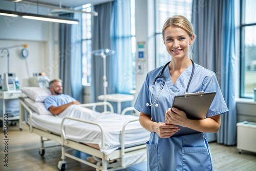 Caring Nurse with Clipboard in Hospital Room