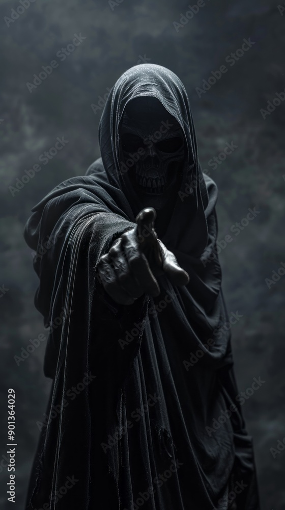 A person in a black cloak with a skull on their face is pointing to the camera A person in a black cloak with a skull on their face is pointing to the camera