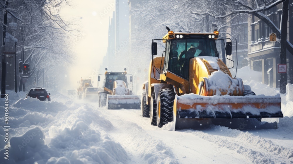 Snow plow truck cleaning snowy road in snowstorm. Snowfall on the driveway. Neural network ai generated art Snow plow truck cleaning snowy road in snowstorm. Snowfall on the driveway. Neural network ai generated art