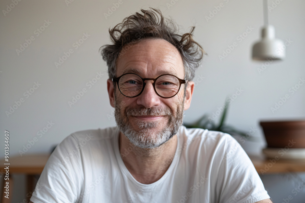 A man with glasses, casually dressed in a white t-shirt, smiling contentedly while sitting in a home setting, exuding a relaxed and approachable demeanor filled with warmth. A man with glasses, casually dressed in a white t-shirt, smiling contentedly while sitting in a home setting, exuding a relaxed and approachable demeanor filled with warmth.