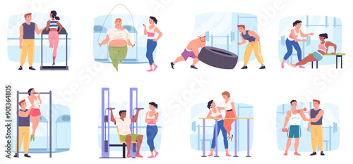 Personal fitness trainer. Gym coach supervision athlete training, sport instructor workout instruction teacher helps physical exercise, athletic coaching classy vector illustration