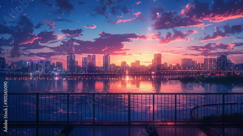 Twilight Cityscape View from Anime Style Balcony