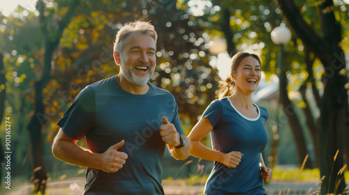 A senior man running alongside a younger woman in a park, both smiling and enjoying their jog
