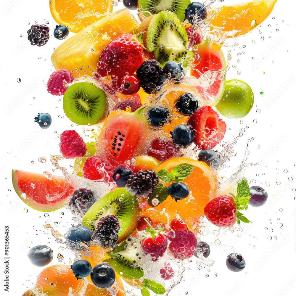 Explosion of fruit close-up, isolated, on a white background. Illustration for advertising a vegetarian diet. Explosion of fruit close-up, isolated, on a white background. Illustration for advertising a vegetarian diet.
