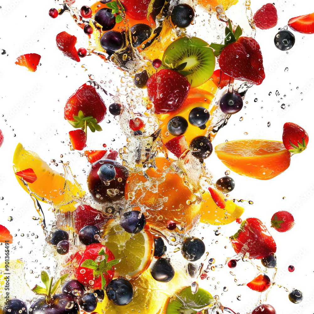 Explosion of fruit close-up, isolated, on a white background. Illustration for advertising a vegetarian diet. Explosion of fruit close-up, isolated, on a white background. Illustration for advertising a vegetarian diet.