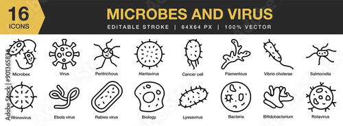 Microbes And Virus icon set. Editable Stroke Icon Collection. Includes bacteria, biology, salmonella, virus, ebola virus, microbes, and More. Outline icons vector collection.